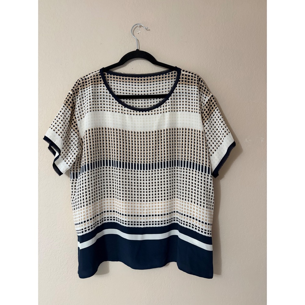 Vince 100% Silk Geometric Grid Blouse Top Navy Cream Large Raw Edge